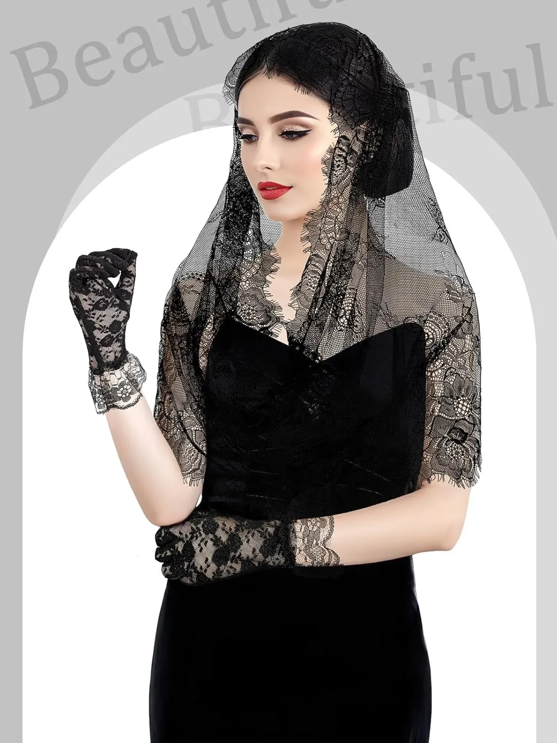 2 Pcs Lace Veil Church Mantilla Catholic Veil Bridal Wedding Veils Halloween Veil Gloves