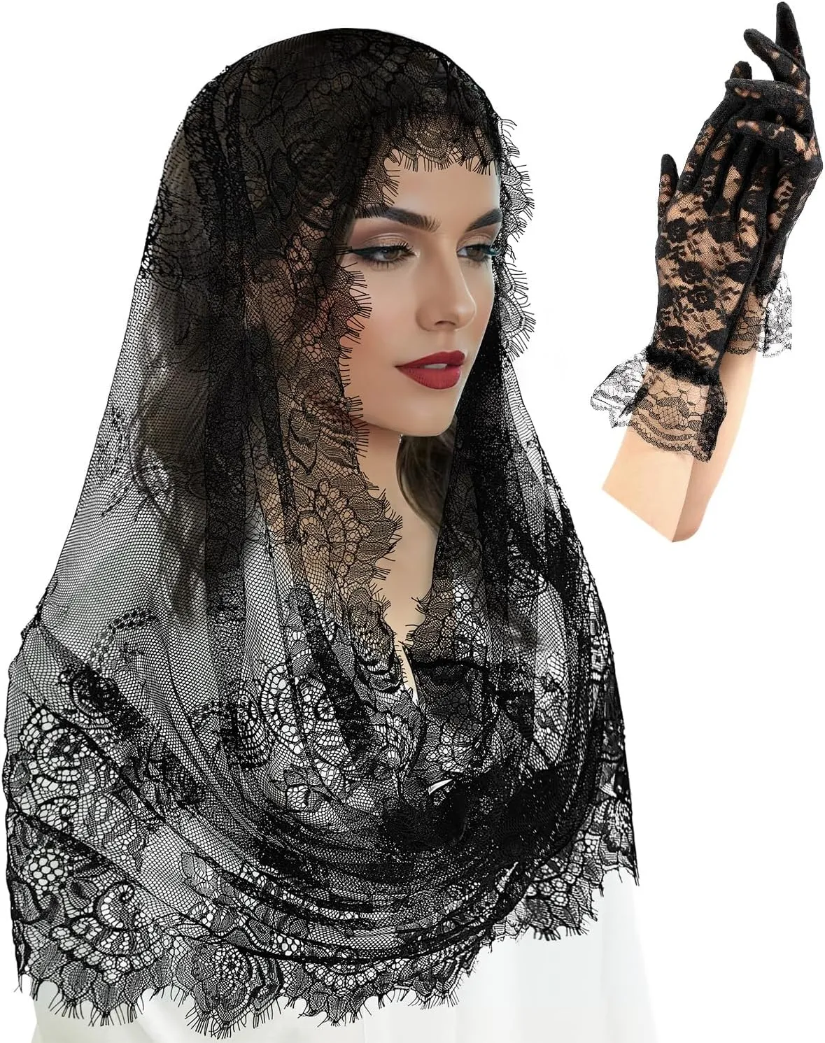 2 Pcs Lace Veil Church Mantilla Catholic Veil Bridal Wedding Veils Halloween Veil Gloves
