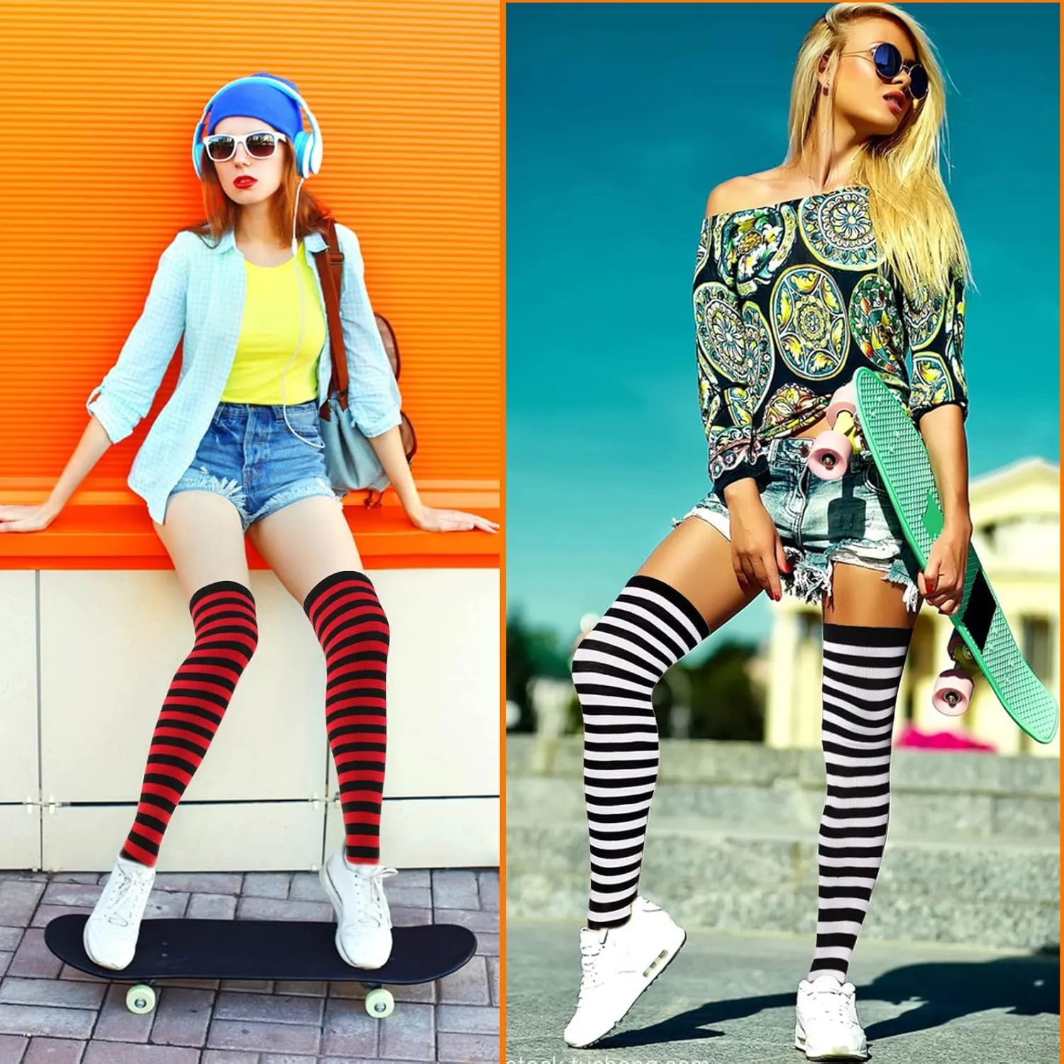 2/4 Sets Womens Striped Knee High Socks Long Knitted Arm Warmers Fingerless Gloves for Halloween Costume