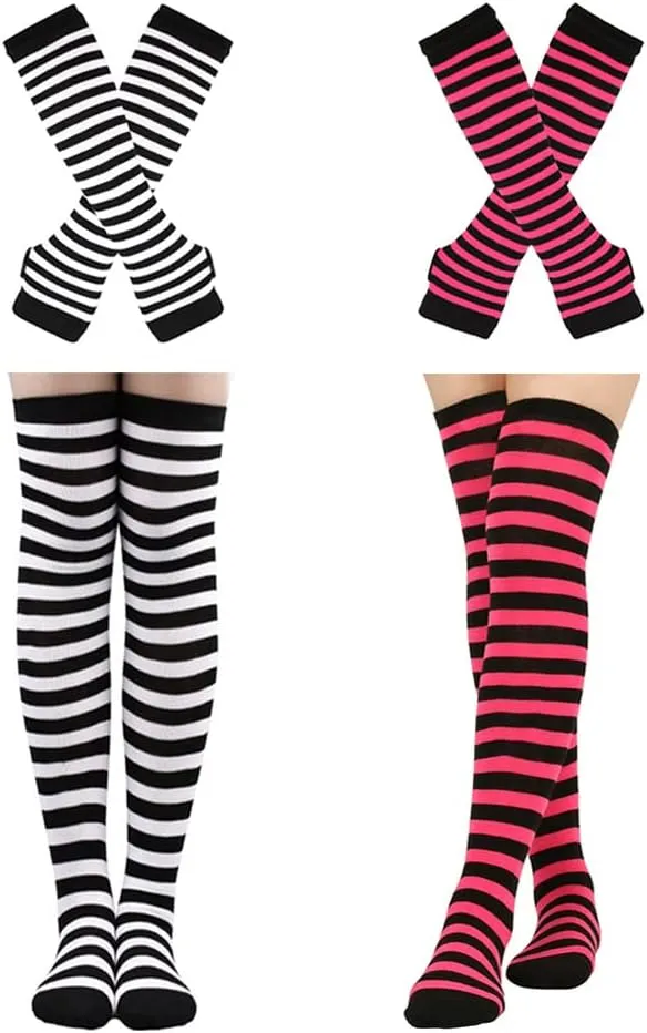 2/4 Sets Womens Striped Knee High Socks Long Knitted Arm Warmers Fingerless Gloves for Halloween Costume