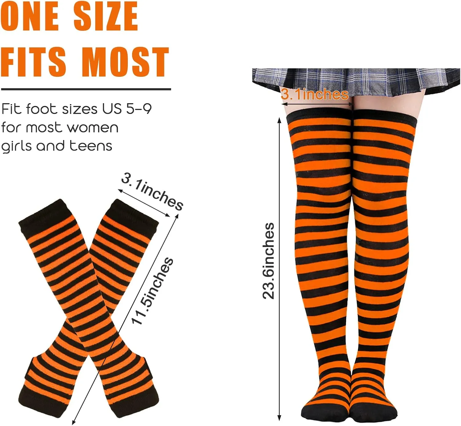 2/4 Sets Womens Striped Knee High Socks Long Knitted Arm Warmers Fingerless Gloves for Halloween Costume