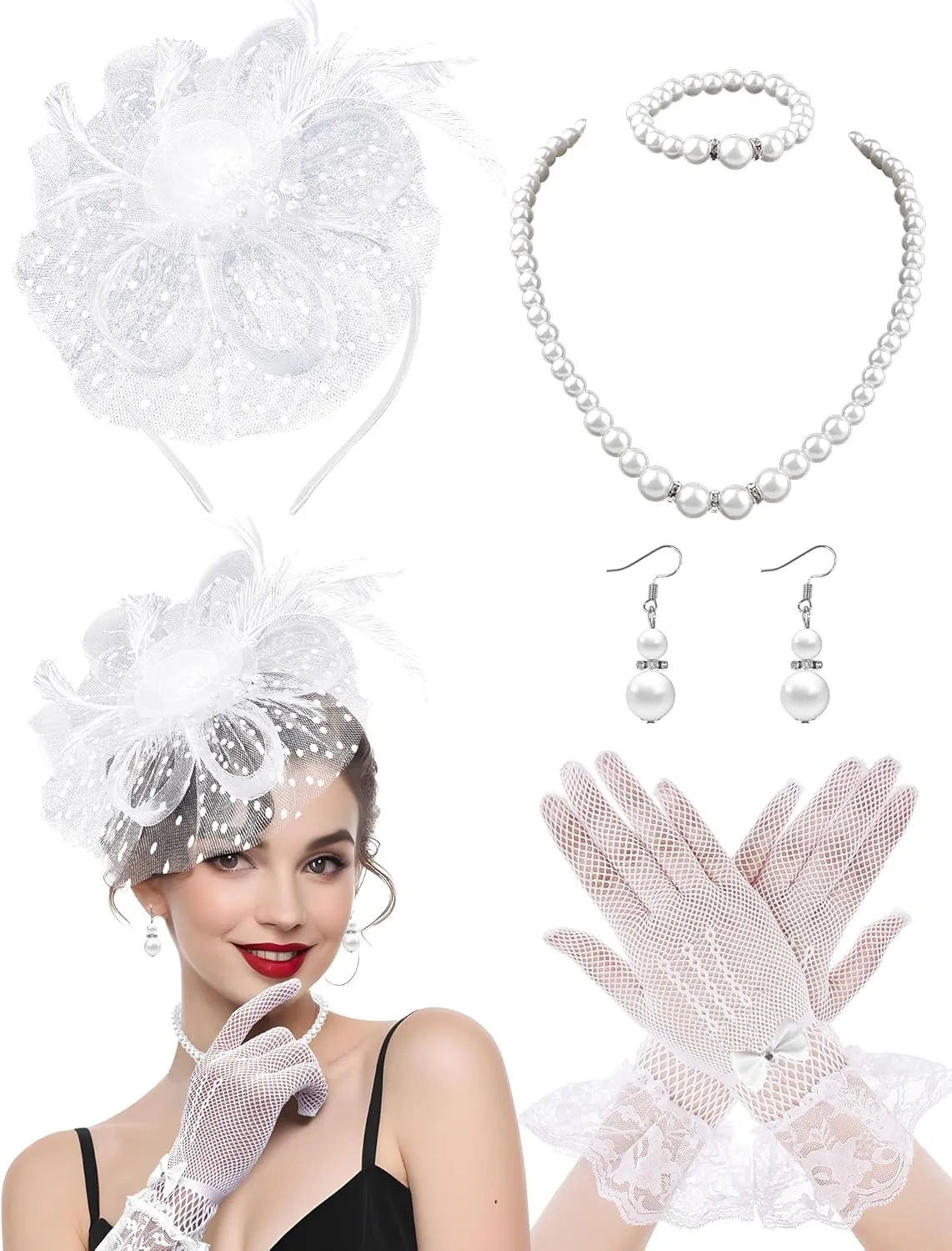 5Pcs Fascinators Hat for Women Tea Party Veil Mesh Headband Feather Hat for Women Veil Tea Party Hats