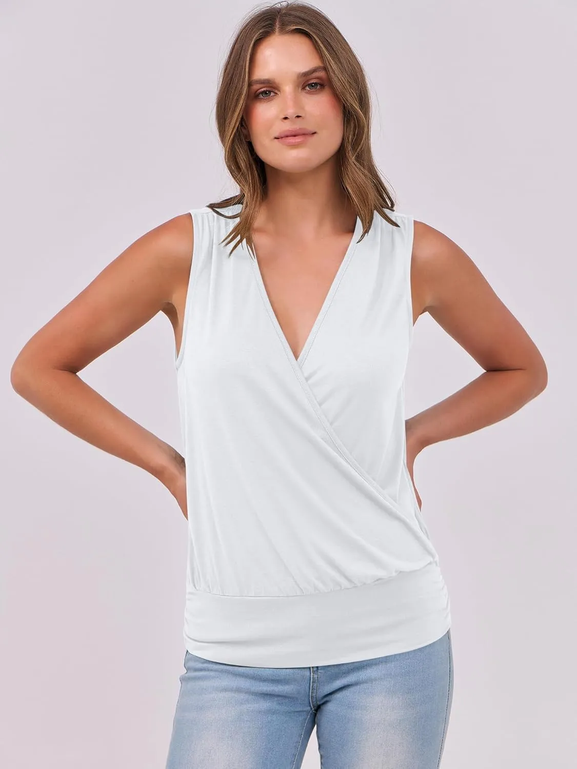 ANRABESS Womens V Neck Tank Tops Wrap Banded Hem Shirts Sleeveless Ruched Going Out Blouse 2025 Summer Fashion Clothing
