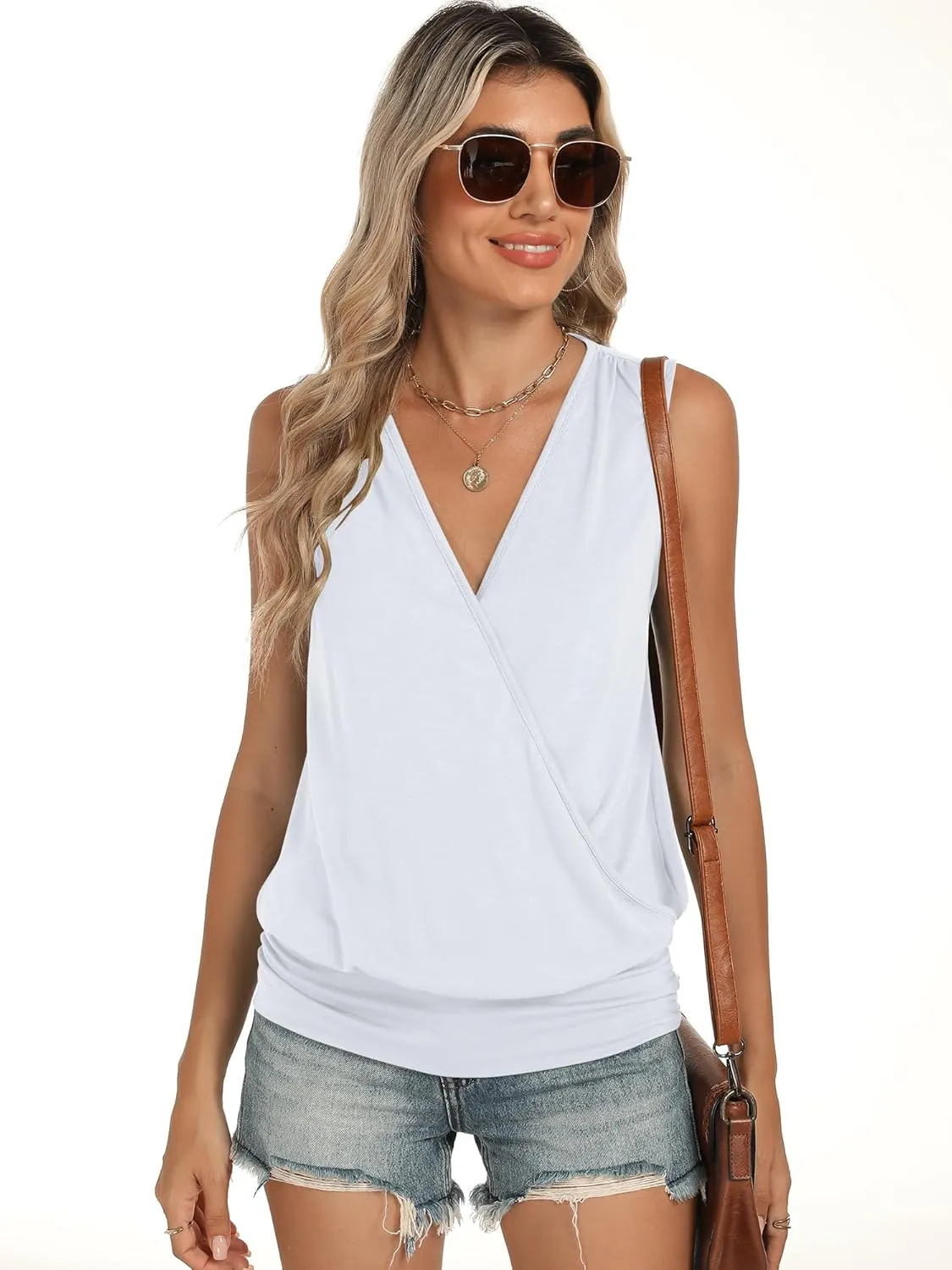 ANRABESS Womens V Neck Tank Tops Wrap Banded Hem Shirts Sleeveless Ruched Going Out Blouse 2025 Summer Fashion Clothing