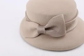 BAIMORE Women's Vintage Solid Color Bowknot Brim Church Hat Wool Felt Bowler Hat