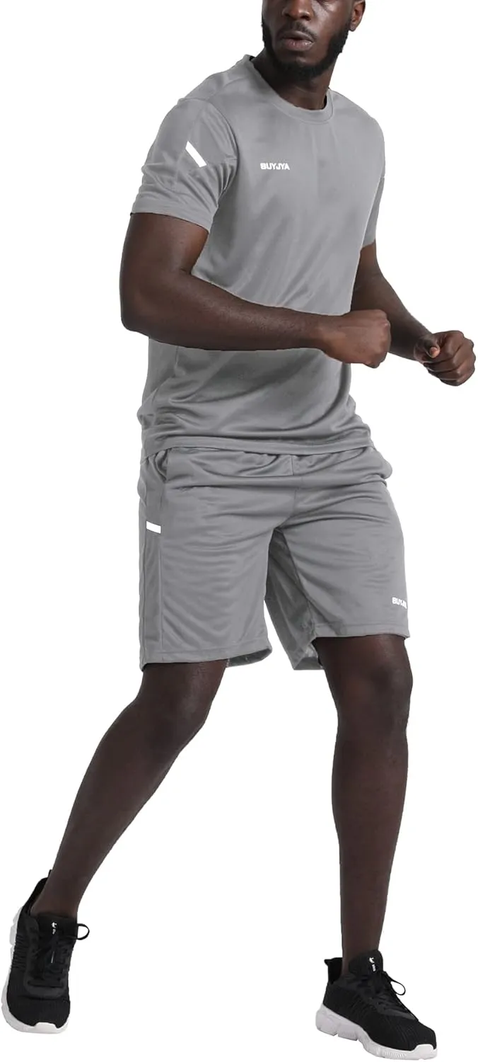 BUYJYA Men's Workout Clothes Athletic Shorts Shirt Set 3 Pack Basketball Football Training Running Gym Christmas gifts