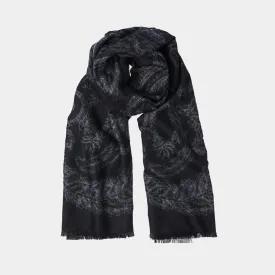 Cashmere Scarf with Floral Motif in Black and Grey