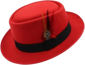 DHAEY Dad Wool Flat Fedora Hat Fashion Men Pork Pie Hat Gentleman Gambler Panama Trilby Hat with Fashion Feather Size 58CM Luopan Caps & Hats (Color : Rose Red, Size : 56-58cm)