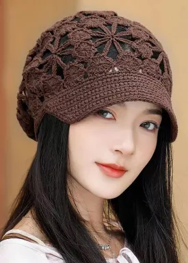 Elegant Spring And Autumn Coffee Hollow Knitted Short Eave Hat