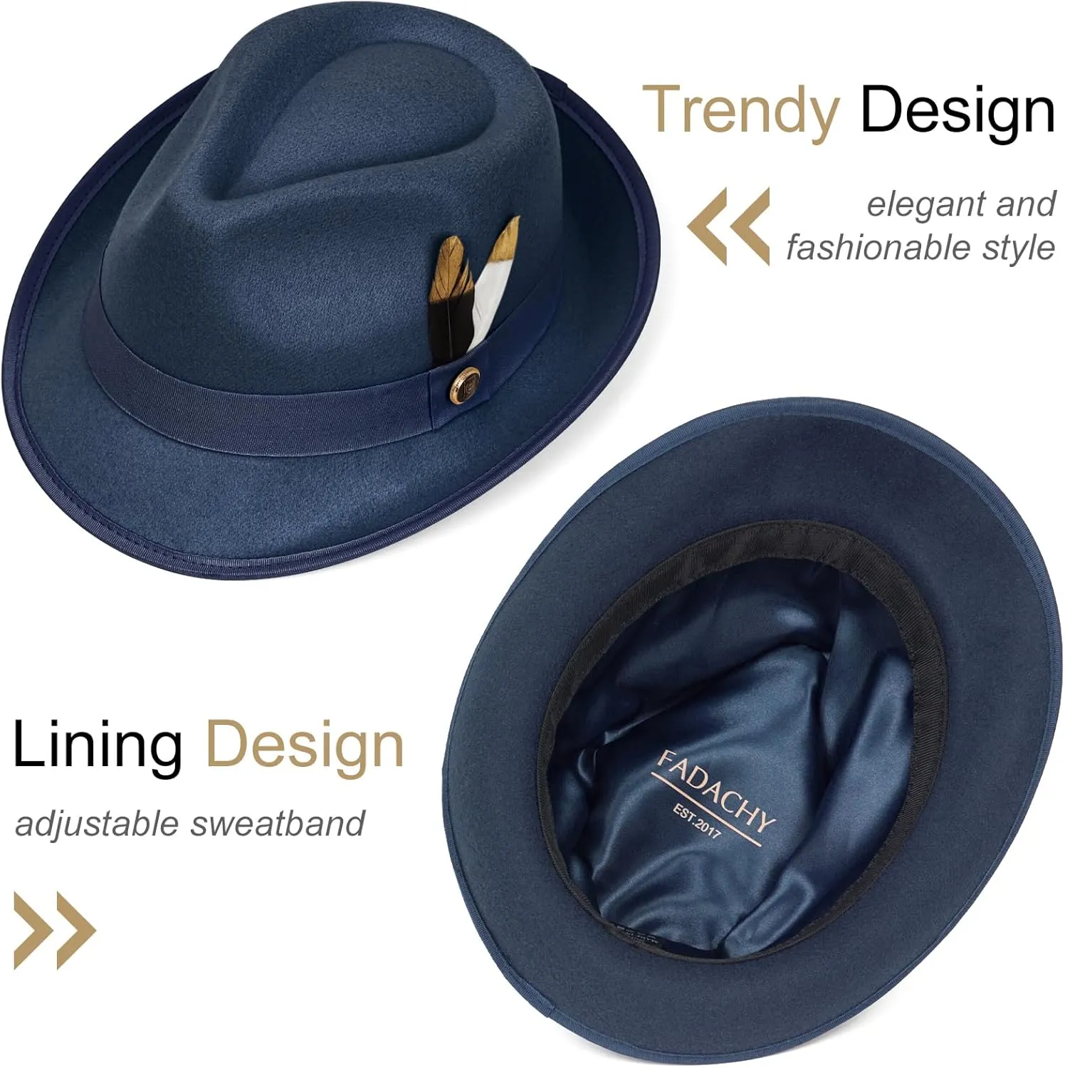 FADACHY Fedora Hats for Men & Women Short Brim Felt hat Trilby Fedora with Feather Panama Dress Hat