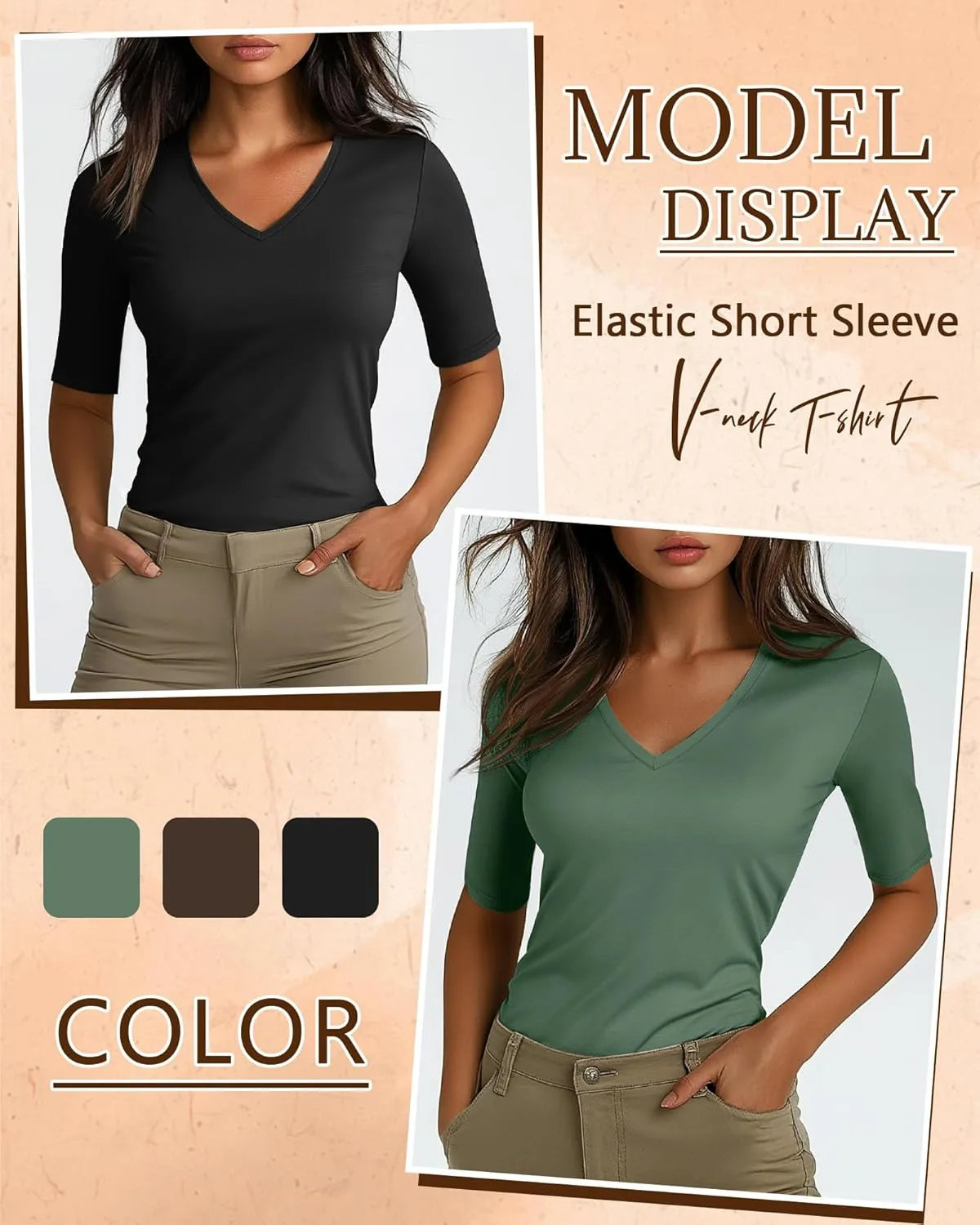 Ficerd 3 Pack Women's Half Sleeve V Neck T Shirts, Cotton Elbow Length Sleeve Shirt Slim Fit Tunic Top Casual Summer Tee