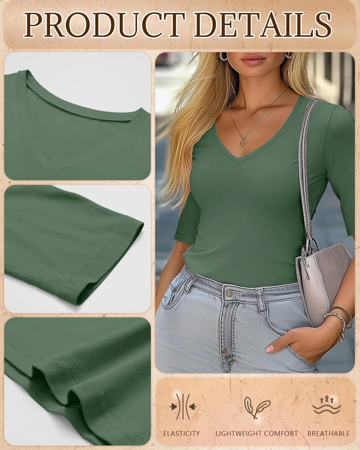 Ficerd 3 Pack Women's Half Sleeve V Neck T Shirts, Cotton Elbow Length Sleeve Shirt Slim Fit Tunic Top Casual Summer Tee