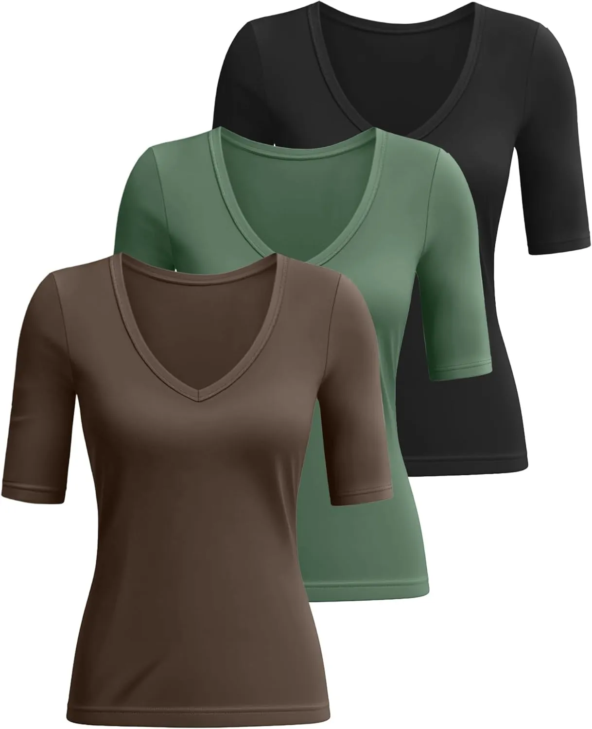Ficerd 3 Pack Women's Half Sleeve V Neck T Shirts, Cotton Elbow Length Sleeve Shirt Slim Fit Tunic Top Casual Summer Tee