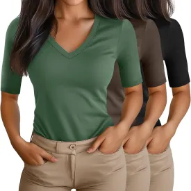 Ficerd 3 Pack Women's Half Sleeve V Neck T Shirts, Cotton Elbow Length Sleeve Shirt Slim Fit Tunic Top Casual Summer Tee
