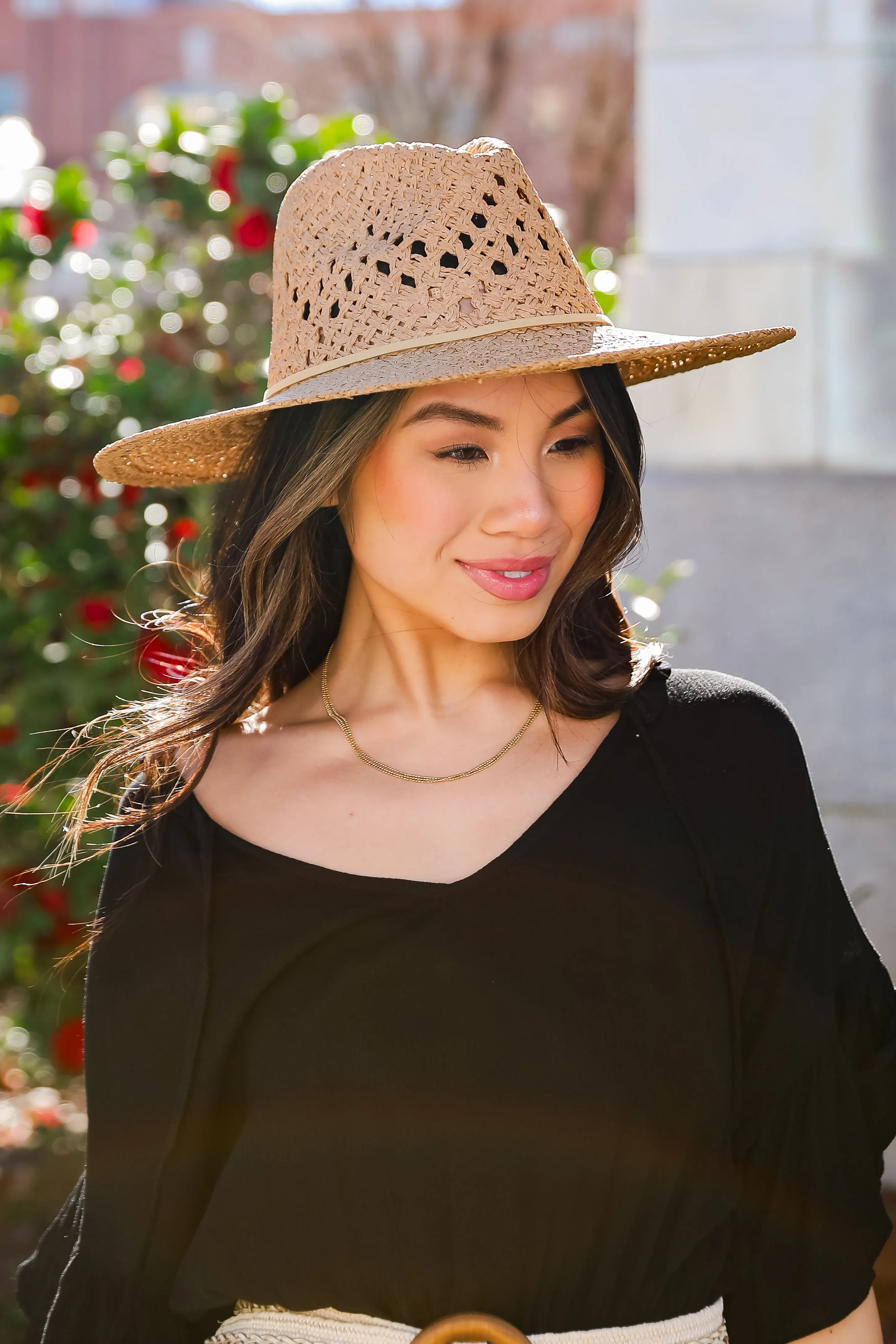 FINAL SALE - Weekend Breezes Khaki Straw Fedora Wide Brim Hat - DU DEAL