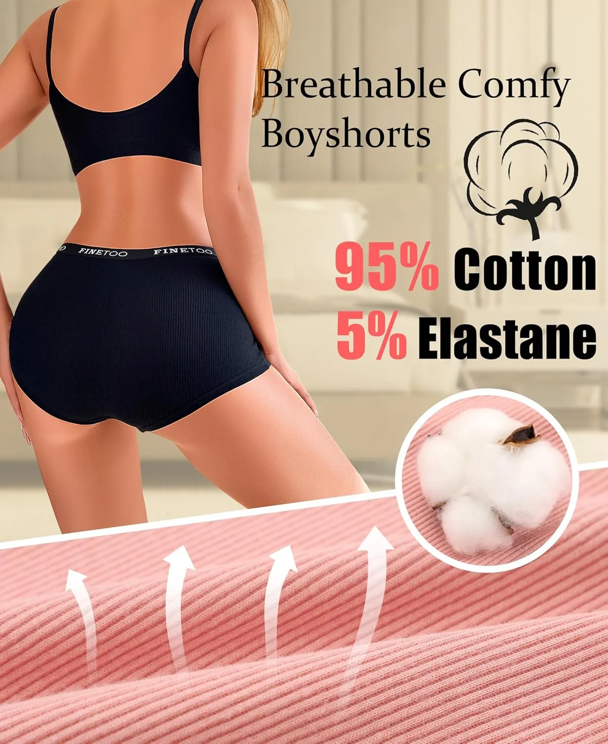 FINETOO Boyshort Underwear for Women Cotton Boxer Briefs Full Coverage Ladies BoyShorts Panties 5 Pack