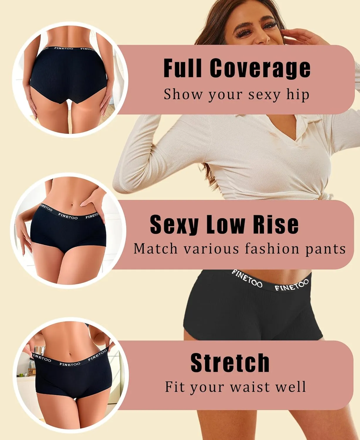 FINETOO Boyshort Underwear for Women Cotton Boxer Briefs Full Coverage Ladies BoyShorts Panties 5 Pack