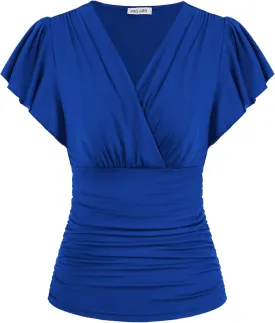 GRACE KARIN 2025 Womens Tops Summer Wrap Blouse V Neck Ruffle Sleeve Dressy Casual Top Ruched Trendy Clothes