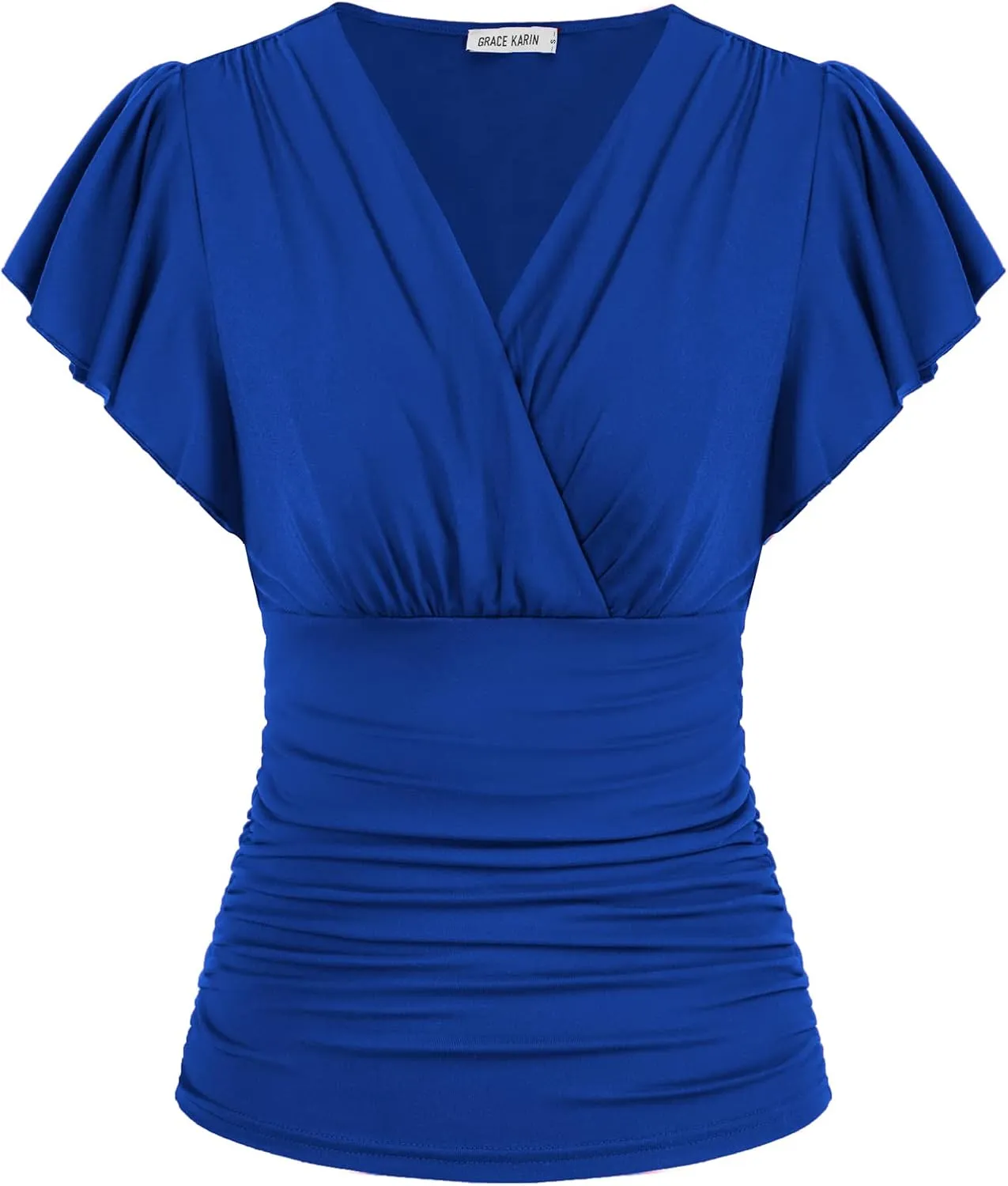 GRACE KARIN 2025 Womens Tops Summer Wrap Blouse V Neck Ruffle Sleeve Dressy Casual Top Ruched Trendy Clothes
