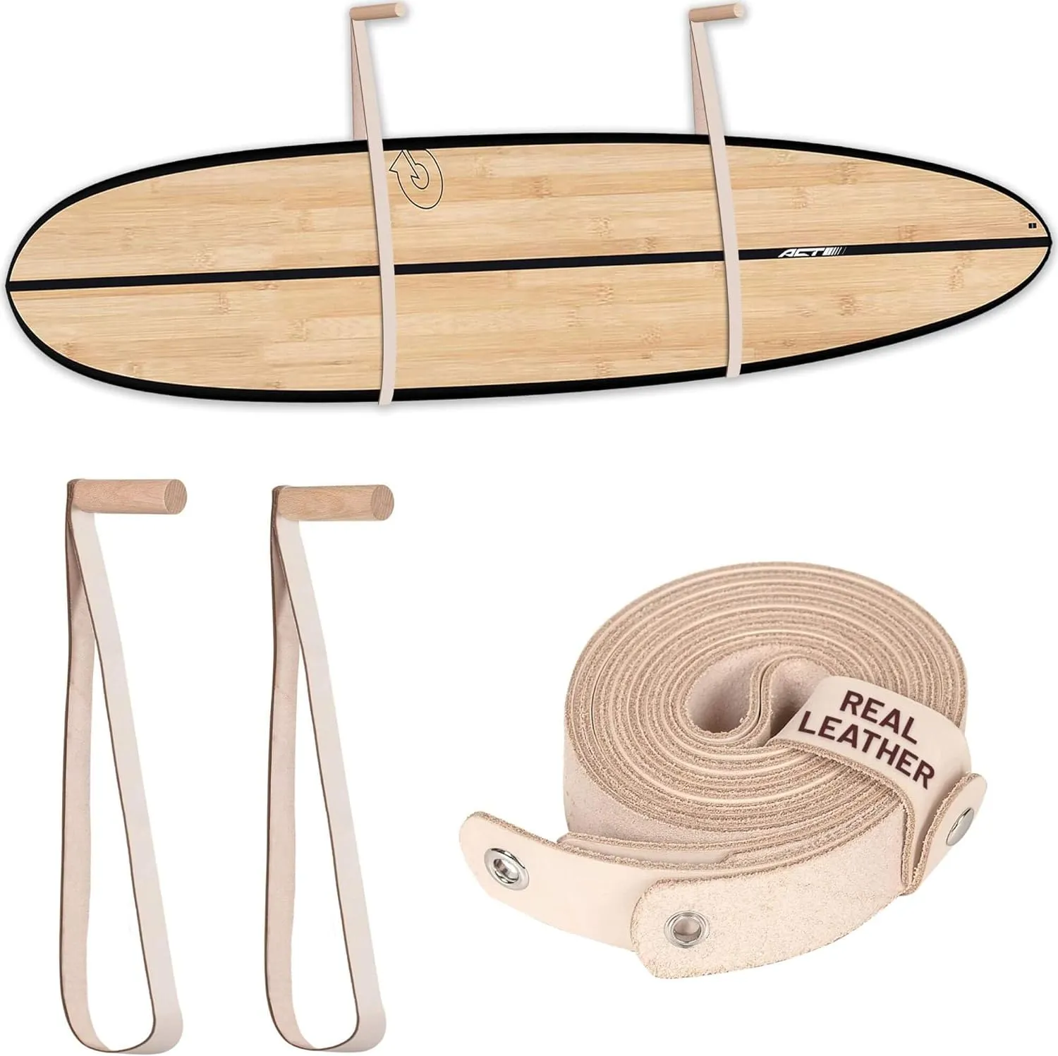 Hang 11 Surfboard Wall Mount - Surf Board Wall Hangers, Surfboard Hanger, Beautiful Sustainable Wood & Leather Rack, Perfect to Display Your Board, Horizontal Surf Racks, Surfing Accessories