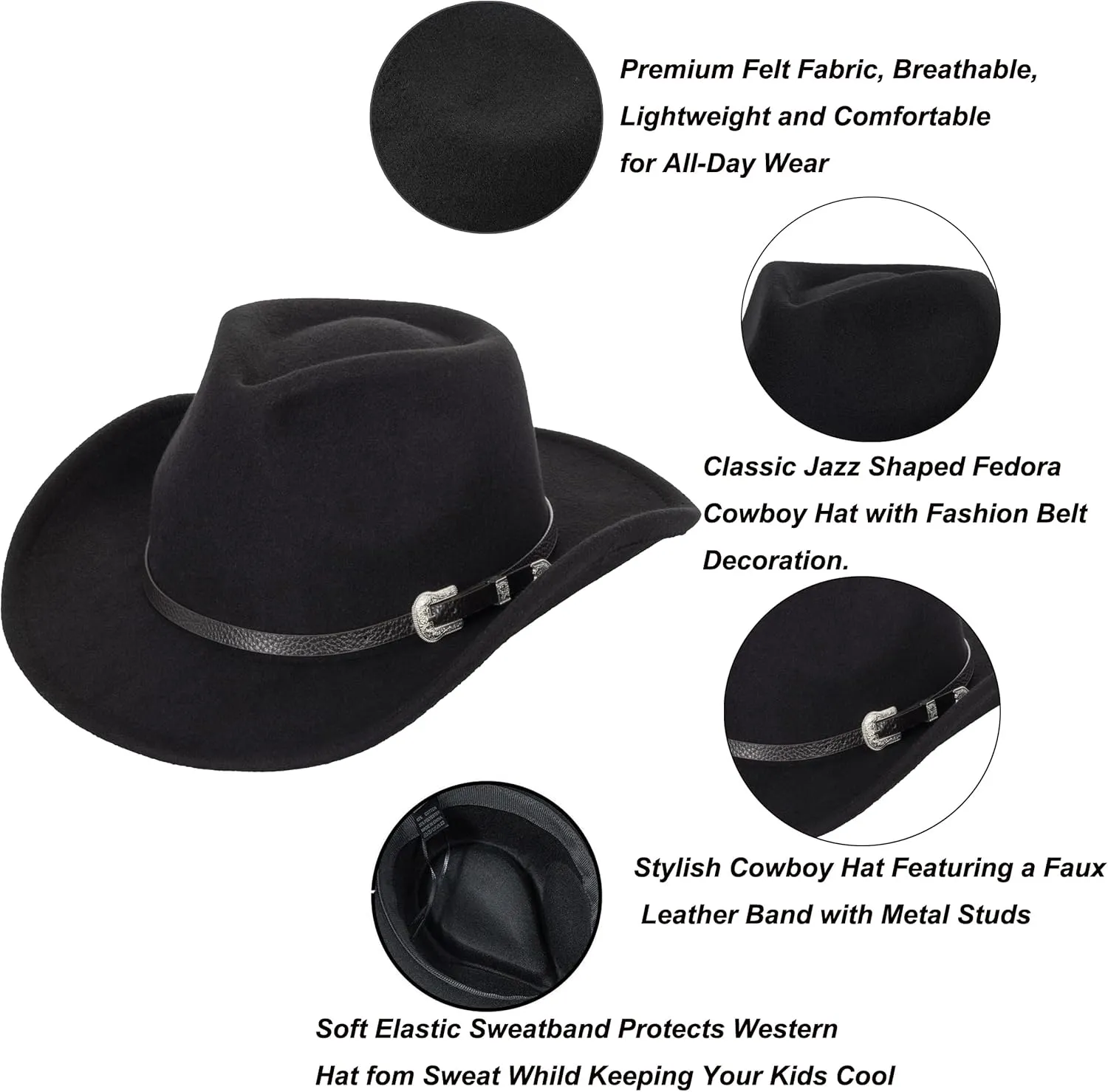 Kids Western Cowboy Hat for Boys Girls - Felt Fedora-Jazz-Hat for Kids 2-6Years