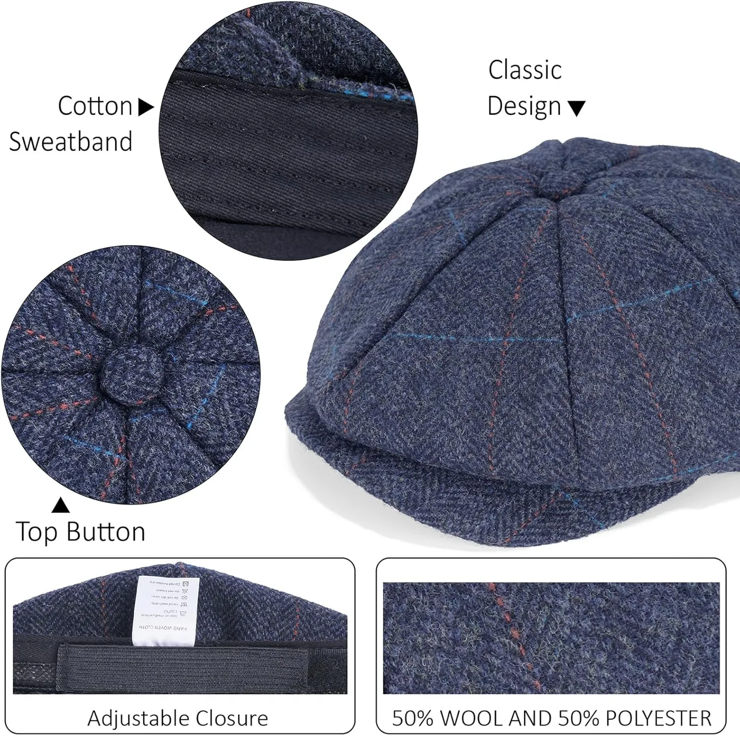 Mens Woolen Newsboy Cap Tweed Gatsby Ivy Cabbie Flat Golf Hat Present for Fathers Women Unisex