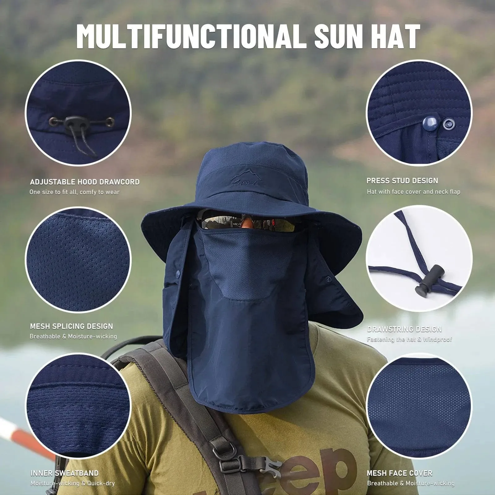 Outdoor Sun Hat UV Protection Wide Brim Neck Flap Face Cover Multifunctional Cap for Hiking Fishing Beach
