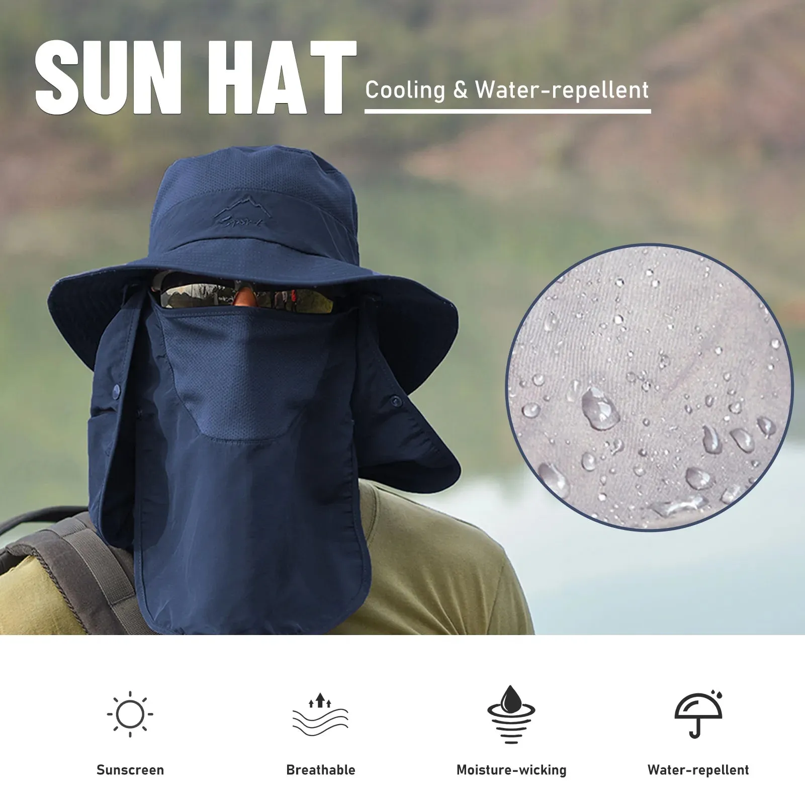 Outdoor Sun Hat UV Protection Wide Brim Neck Flap Face Cover Multifunctional Cap for Hiking Fishing Beach