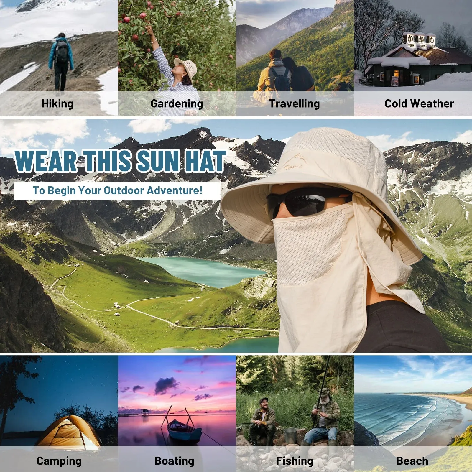 Outdoor Sun Hat UV Protection Wide Brim Neck Flap Face Cover Multifunctional Cap for Hiking Fishing Beach