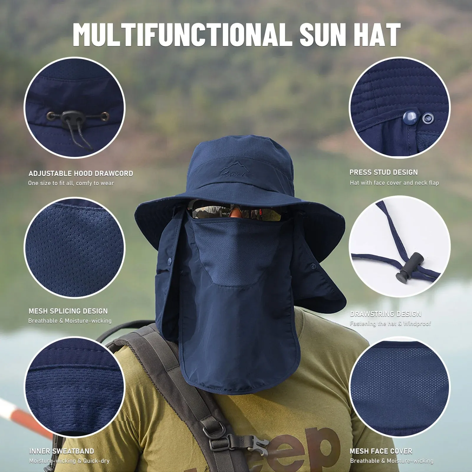 Outdoor Sun Hat UV Protection Wide Brim Neck Flap Face Cover Multifunctional Cap for Hiking Fishing Beach
