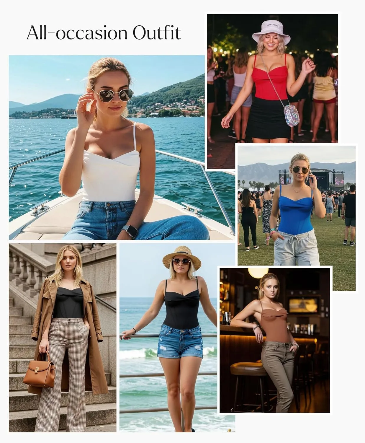 Popilush Corset Bodysuit for Women Tummy Control Shapewear Cowl Neck Tops Concert Outfits Thong Bodysuits