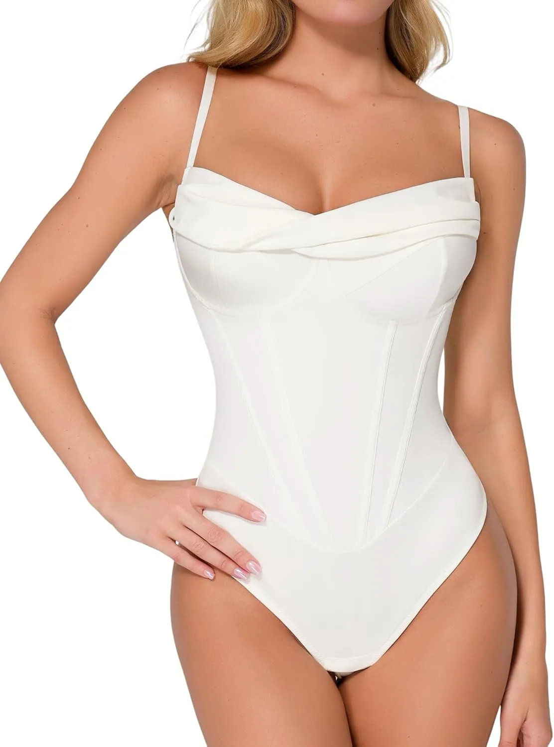 Popilush Corset Bodysuit for Women Tummy Control Shapewear Cowl Neck Tops Concert Outfits Thong Bodysuits