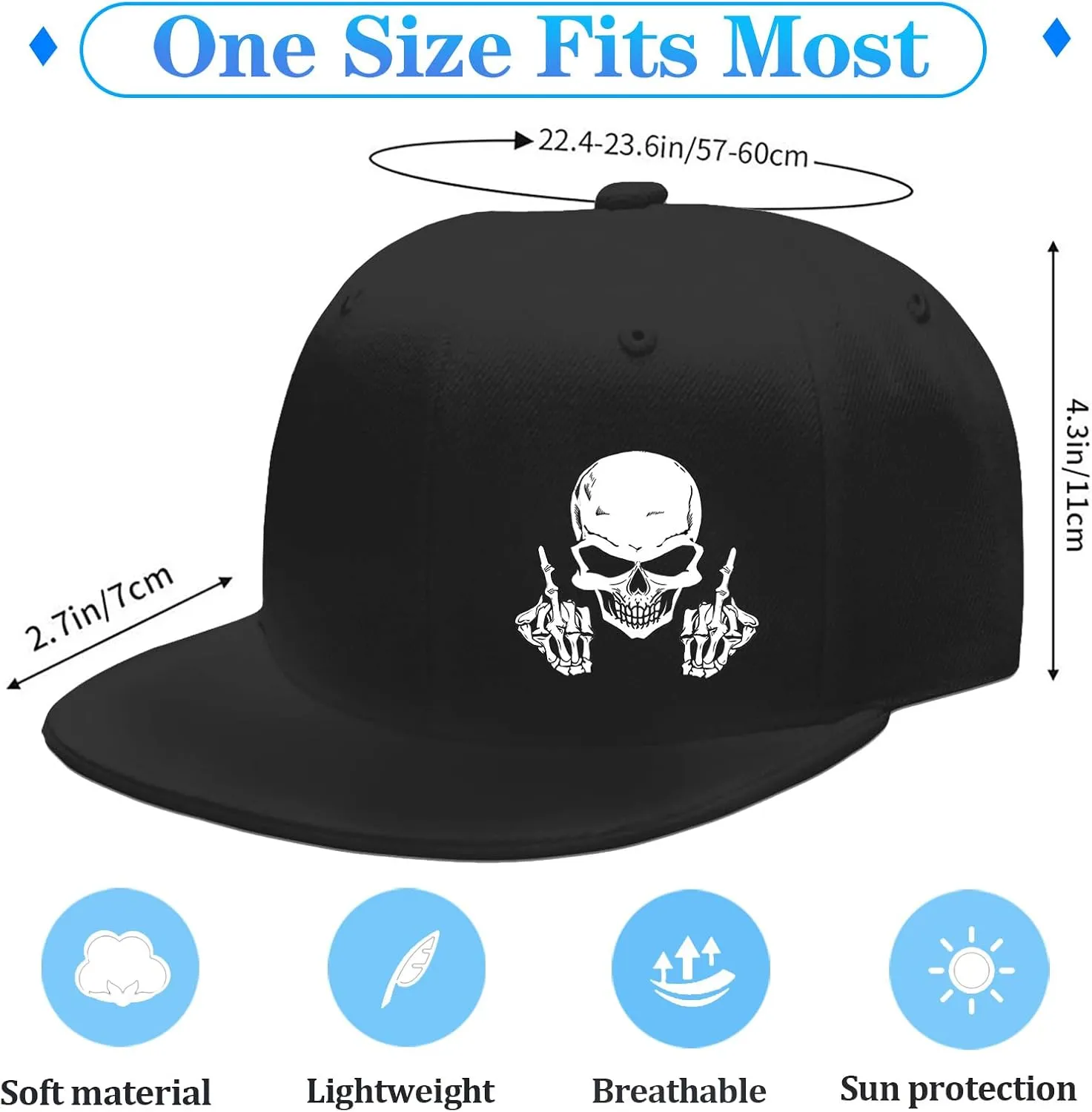 Snapback Hats for Men Flat Bill Hats for Men Black SkullHat Flat Brim Hat Fitted Hats Baseball Caps