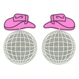 Vintage Cowgirl Hat & Disco Ball Dangle Earrings